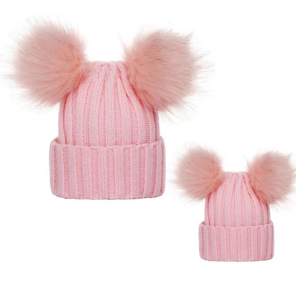 Pink Mom & Baby Hat Set Winter Beanie Hats Parent-Child Pompom Knit Hat - Picture 2 of 5